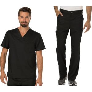 Cherokee Premium Scrub Set for Men Modern Fit V-Neck Top WW690 with Tapered Leg Button Closure & Inside Drawstring Pant WW140(Black)
