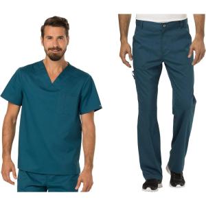 Cherokee Premium Scrub Set for Men Modern Fit V-Neck Top WW690 with Tapered Leg Button Closure & Inside Drawstring Pant WW140(Caribbean Blue)