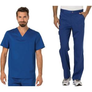 Cherokee Premium Scrub Set for Men Modern Fit V-Neck Top WW690 with Tapered Leg Button Closure & Inside Drawstring Pant WW140(Galaxy Blue)