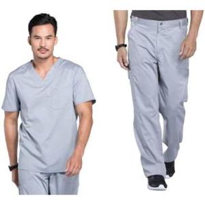 Cherokee Premium Scrub Set for Men Modern Fit V-Neck Top WW690 with Tapered Leg Button Closure & Inside Drawstring Pant WW140(Grey)