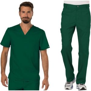 Cherokee Premium Scrub Set for Men Modern Fit V-Neck Top WW690 with Tapered Leg Button Closure & Inside Drawstring Pant WW140(Hunter Green)
