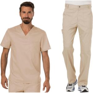 Cherokee Premium Scrub Set for Men Modern Fit V-Neck Top WW690 with Tapered Leg Button Closure & Inside Drawstring Pant WW140(Khaki)