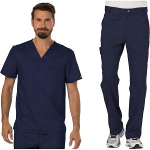 Cherokee Premium Scrub Set for Men Modern Fit V-Neck Top WW690 with Tapered Leg Button Closure & Inside Drawstring Pant WW140(Navy)