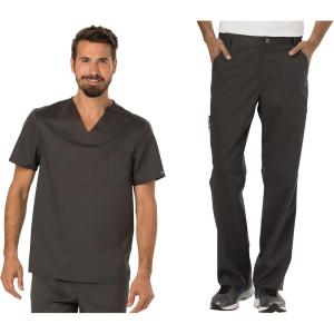 Cherokee Premium Scrub Set for Men Modern Fit V-Neck Top WW690 with Tapered Leg Button Closure & Inside Drawstring Pant WW140(Pewter)