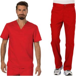 Cherokee Premium Scrub Set for Men Modern Fit V-Neck Top WW690 with Tapered Leg Button Closure & Inside Drawstring Pant WW140(Red)
