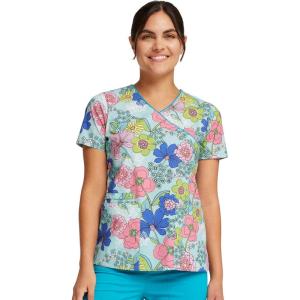 Cherokee Prints Women Scrubs Top Mock Wrap CK614(Retro Buds)