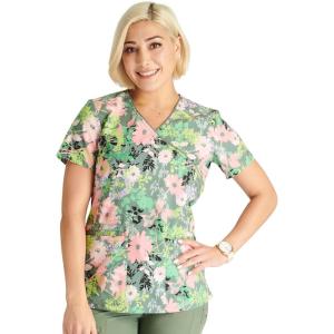 Cherokee Prints Women Scrubs Top Mock Wrap Print CK688(Botanics in Bloom)