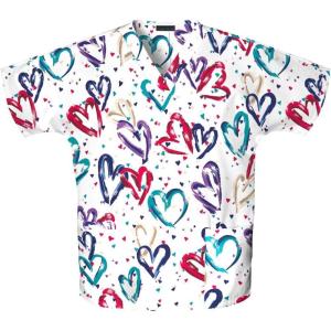 Cherokee Prints Women Scrubs Top V-Neck Tunic 759, L, Heartbeat(Heartbeat)