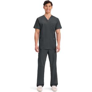 Cherokee Scrub Set For Men, V-Neck 3 Pocket Top WW670 with Modern Fit 7 Pocket Tapered Leg Pant WW140(Black)