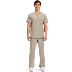 Cherokee Scrub Set For Men, V-Neck 3 Pocket Top WW670 with Modern Fit 7 Pocket Tapered Leg Pant WW140(Khaki)