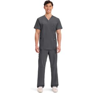 Cherokee Scrub Set For Men, V-Neck 3 Pocket Top WW670 with Modern Fit 7 Pocket Tapered Leg Pant WW140(Pewter)