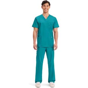 Cherokee Scrub Set For Men, V-Neck 3 Pocket Top WW670 with Modern Fit 7 Pocket Tapered Leg Pant WW140(Teal Blue)