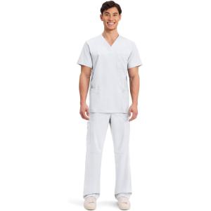 Cherokee Scrub Set For Men, V-Neck 3 Pocket Top WW670 with Modern Fit 7 Pocket Tapered Leg Pant WW140(White)