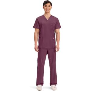 Cherokee Scrub Set For Men, V-Neck 3 Pocket Top WW670 with Modern Fit 7 Pocket Tapered Leg Pant WW140(Wine)