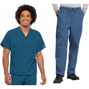 Cherokee Scrub Set for Men and Women, Traditional Fit V-Neck Scrub Top 4777 with Natural Rise, Elastic Waist Pant 4000(Caribbean Blue)