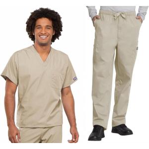 Cherokee Scrub Set for Men and Women, Traditional Fit V-Neck Scrub Top 4777 with Natural Rise, Elastic Waist Pant 4000(Khaki)