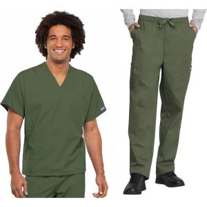 Cherokee Scrub Set for Men and Women, Traditional Fit V-Neck Scrub Top 4777 with Natural Rise, Elastic Waist Pant 4000(Olive)