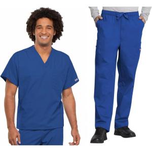 Cherokee Scrub Set for Men and Women, Traditional Fit V-Neck Scrub Top 4777 with Natural Rise, Elastic Waist Pant 4000(Royal)
