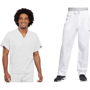 Cherokee Scrub Set for Men and Women, Traditional Fit V-Neck Scrub Top 4777 with Natural Rise, Elastic Waist Pant 4000(White)