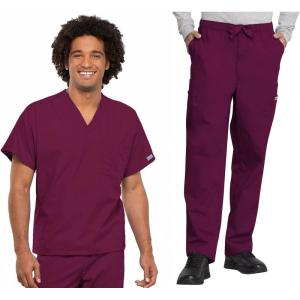 Cherokee Scrub Set for Men and Women, Traditional Fit V-Neck Scrub Top 4777 with Natural Rise, Elastic Waist Pant 4000(Wine)