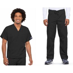 Cherokee Scrub Set for Men and Women from, Traditional Fit V-Neck Top 4777 with Natural Rise Drawstring Cargo Pant 4100(Black)
