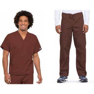 Cherokee Scrub Set for Men and Women from, Traditional Fit V-Neck Top 4777 with Natural Rise Drawstring Cargo Pant 4100(Chocolate)