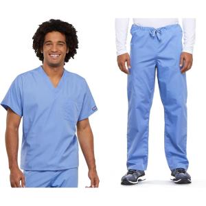 Cherokee Scrub Set for Men and Women from, Traditional Fit V-Neck Top 4777 with Natural Rise Drawstring Cargo Pant 4100(Ciel)