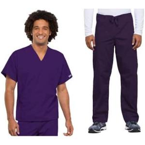 Cherokee Scrub Set for Men and Women from, Traditional Fit V-Neck Top 4777 with Natural Rise Drawstring Cargo Pant 4100(Eggplant)