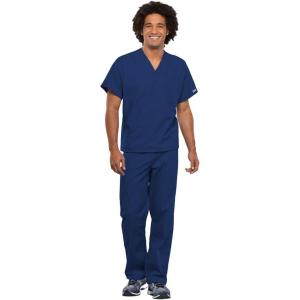 Cherokee Scrub Set for Men and Women from, Traditional Fit V-Neck Top 4777 with Natural Rise Drawstring Cargo Pant 4100(Galaxy Blue)