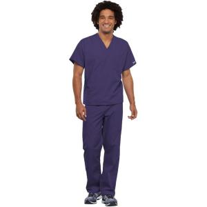 Cherokee Scrub Set for Men and Women from, Traditional Fit V-Neck Top 4777 with Natural Rise Drawstring Cargo Pant 4100(Grape)