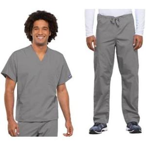 Cherokee Scrub Set for Men and Women from, Traditional Fit V-Neck Top 4777 with Natural Rise Drawstring Cargo Pant 4100(Grey)