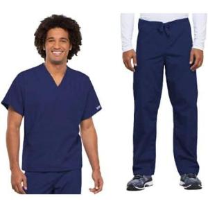 Cherokee Scrub Set for Men and Women from, Traditional Fit V-Neck Top 4777 with Natural Rise Drawstring Cargo Pant 4100(Navy)