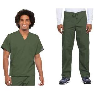 Cherokee Scrub Set for Men and Women from, Traditional Fit V-Neck Top 4777 with Natural Rise Drawstring Cargo Pant 4100(Olive)