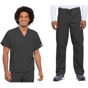 Cherokee Scrub Set for Men and Women from, Traditional Fit V-Neck Top 4777 with Natural Rise Drawstring Cargo Pant 4100(Pewter)