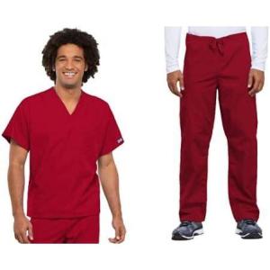 Cherokee Scrub Set for Men and Women from, Traditional Fit V-Neck Top 4777 with Natural Rise Drawstring Cargo Pant 4100(Red)