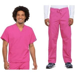 Cherokee Scrub Set for Men and Women from, Traditional Fit V-Neck Top 4777 with Natural Rise Drawstring Cargo Pant 4100(Shocking Pink)