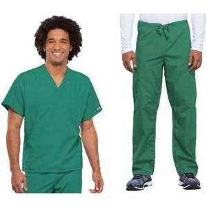 Cherokee Scrub Set for Men and Women from, Traditional Fit V-Neck Top 4777 with Natural Rise Drawstring Cargo Pant 4100(Surgical Green)