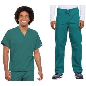 Cherokee Scrub Set for Men and Women from, Traditional Fit V-Neck Top 4777 with Natural Rise Drawstring Cargo Pant 4100(Teal Blue)