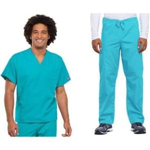 Cherokee Scrub Set for Men and Women from, Traditional Fit V-Neck Top 4777 with Natural Rise Drawstring Cargo Pant 4100(Turquoise)
