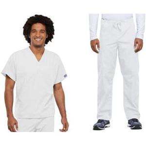 Cherokee Scrub Set for Men and Women from, Traditional Fit V-Neck Top 4777 with Natural Rise Drawstring Cargo Pant 4100(White)