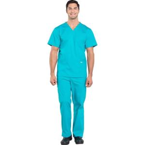 Cherokee Scrub Set for Men from, 4 Pocket V-Neck Scrub Top WW695 with 5 Pocket Tapered Leg Fly Front Cargo Pant WW190(Teal Blue)