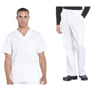 Cherokee Scrub Set for Men from, 4 Pocket V-Neck Scrub Top WW695 with 5 Pocket Tapered Leg Fly Front Cargo Pant WW190(White)