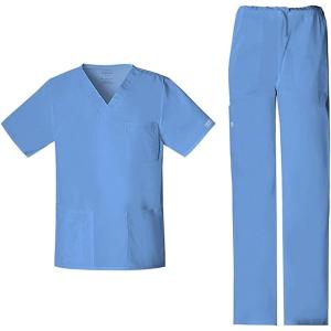 Cherokee Scrub Set for Men or Women, Traditional Fit 4 Pocket V-Neck Top 4725 with 5 Pocket Natural Rise Cargo Pant 4043(Ciel)