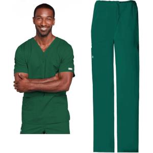 Cherokee Scrub Set for Men or Women, Traditional Fit 4 Pocket V-Neck Top 4725 with 5 Pocket Natural Rise Cargo Pant 4043(Hunter Green)