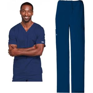 Cherokee Scrub Set for Men or Women, Traditional Fit 4 Pocket V-Neck Top 4725 with 5 Pocket Natural Rise Cargo Pant 4043(Navy)