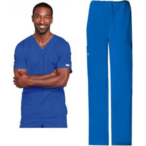Cherokee Scrub Set for Men or Women, Traditional Fit 4 Pocket V-Neck Top 4725 with 5 Pocket Natural Rise Cargo Pant 4043(Royal)