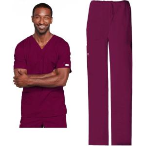 Cherokee Scrub Set for Men or Women, Traditional Fit 4 Pocket V-Neck Top 4725 with 5 Pocket Natural Rise Cargo Pant 4043(Wine)