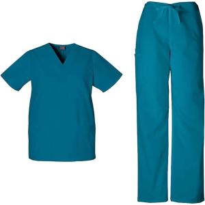 Cherokee Scrub Sets for Women and Men, 6 Pocket Medical Scrubs with V-Neck Top 4876 & Drawstring Cargo Pant 4100(Caribbean Blue)
