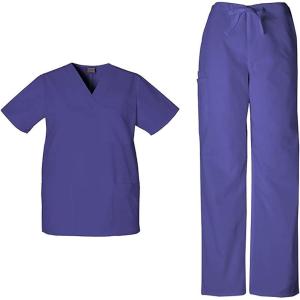 Cherokee Scrub Sets for Women and Men, 6 Pocket Medical Scrubs with V-Neck Top 4876 & Drawstring Cargo Pant 4100(Grape)