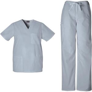 Cherokee Scrub Sets for Women and Men, 6 Pocket Medical Scrubs with V-Neck Top 4876 & Drawstring Cargo Pant 4100(Grey)